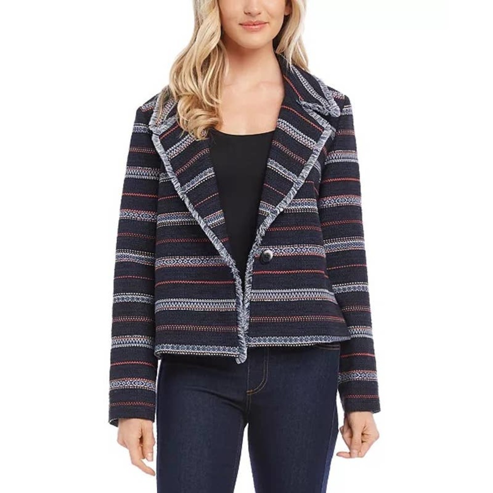 NWT Karen Kane Fringe Coral Coast Fridge Trim Jacket Navy Red White